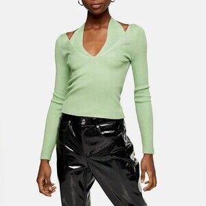 Topshop pale green strappy halter neck cutout knit top size M